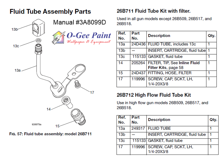 Graco air assisted airless spray gun PerformAA fluid tube parts