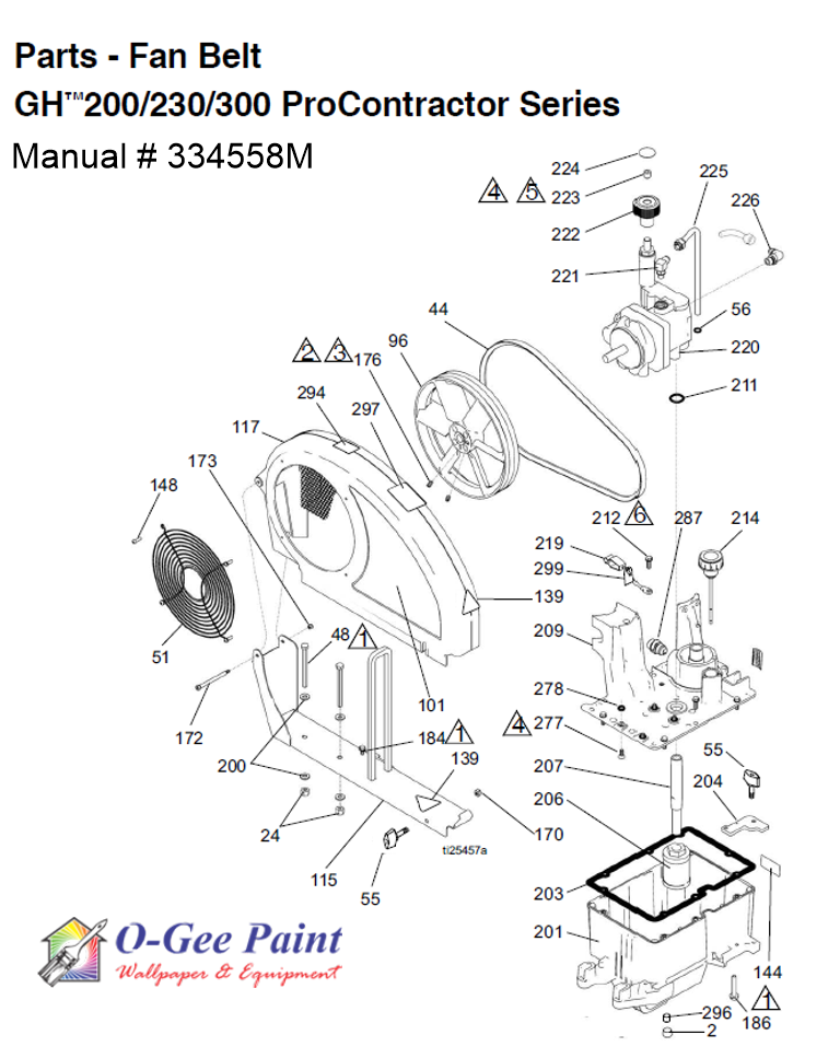 graco GH200, 230, 300 procontractor airless paint sprayer fan and belt assembly parts