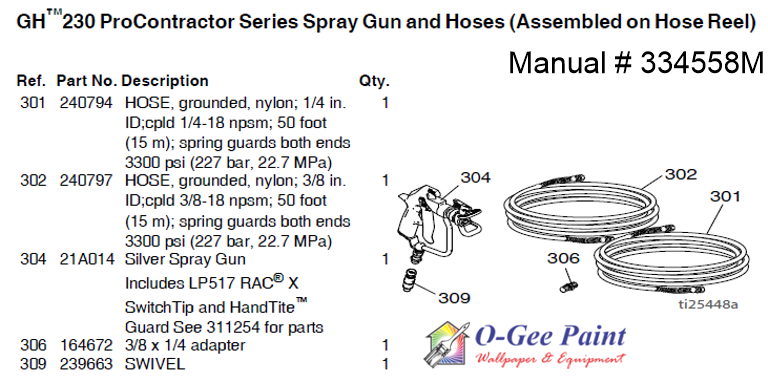 graco GH 230 ProContractor airless paint spray Gun and Hose assembly parts