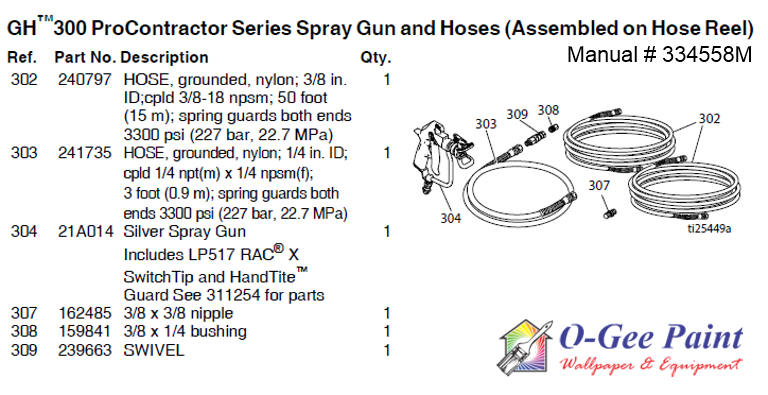 graco GH200, 230, 300 airless paint sprayer spray gun and hose assembly parts