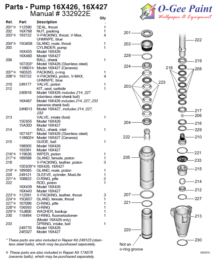 graco displacement pump repair kits pump 16x426, 16X427