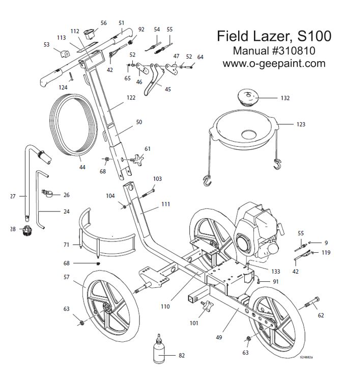 Cart parts for the S 100 pield lazer includes handles, wheels, and pail mounts.