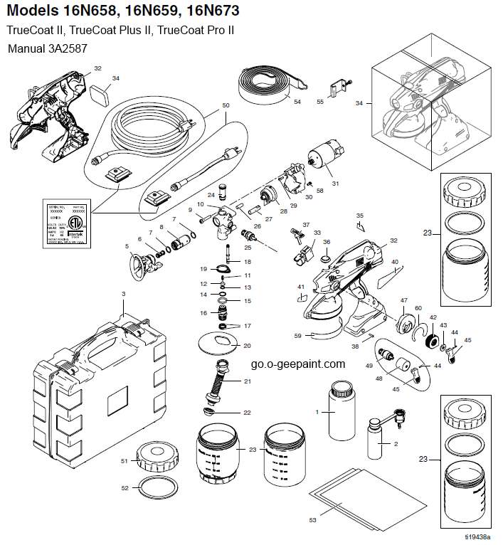 exploded view of the truecoat II series sprayers from graco. all parts represented