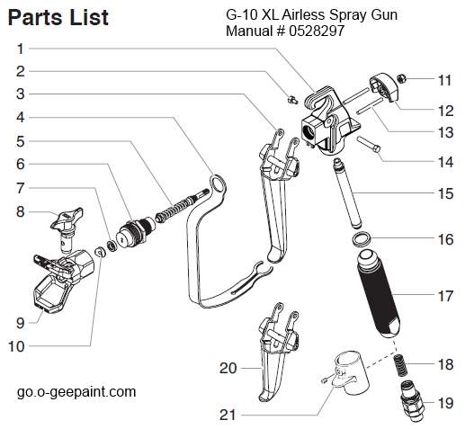 G-10 XL Airless Spray Gun parts exploded view. 2 and four finger