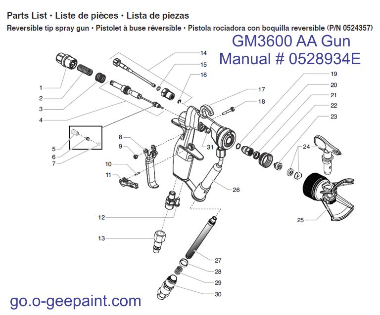 GM3600 Air Assisted Airless Gun w TR-1 tip exploded view